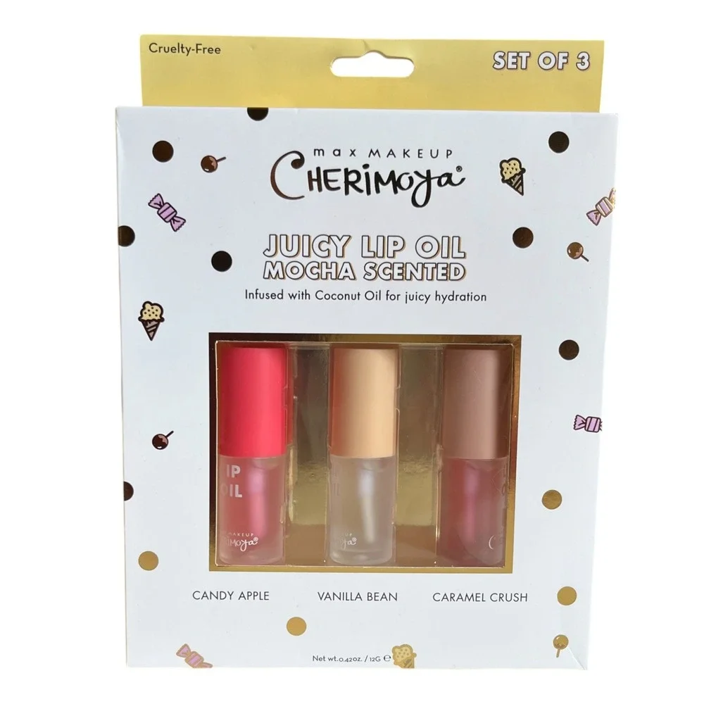 Max Makeup Cherimoya Juicy Tinted Lip Gloss Oil 3pc Set Mocha Scented Nude Pink
